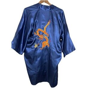Double Peach Womens Medium Navy Blue Embroidered Dragon Mini Robe MISSING BELT